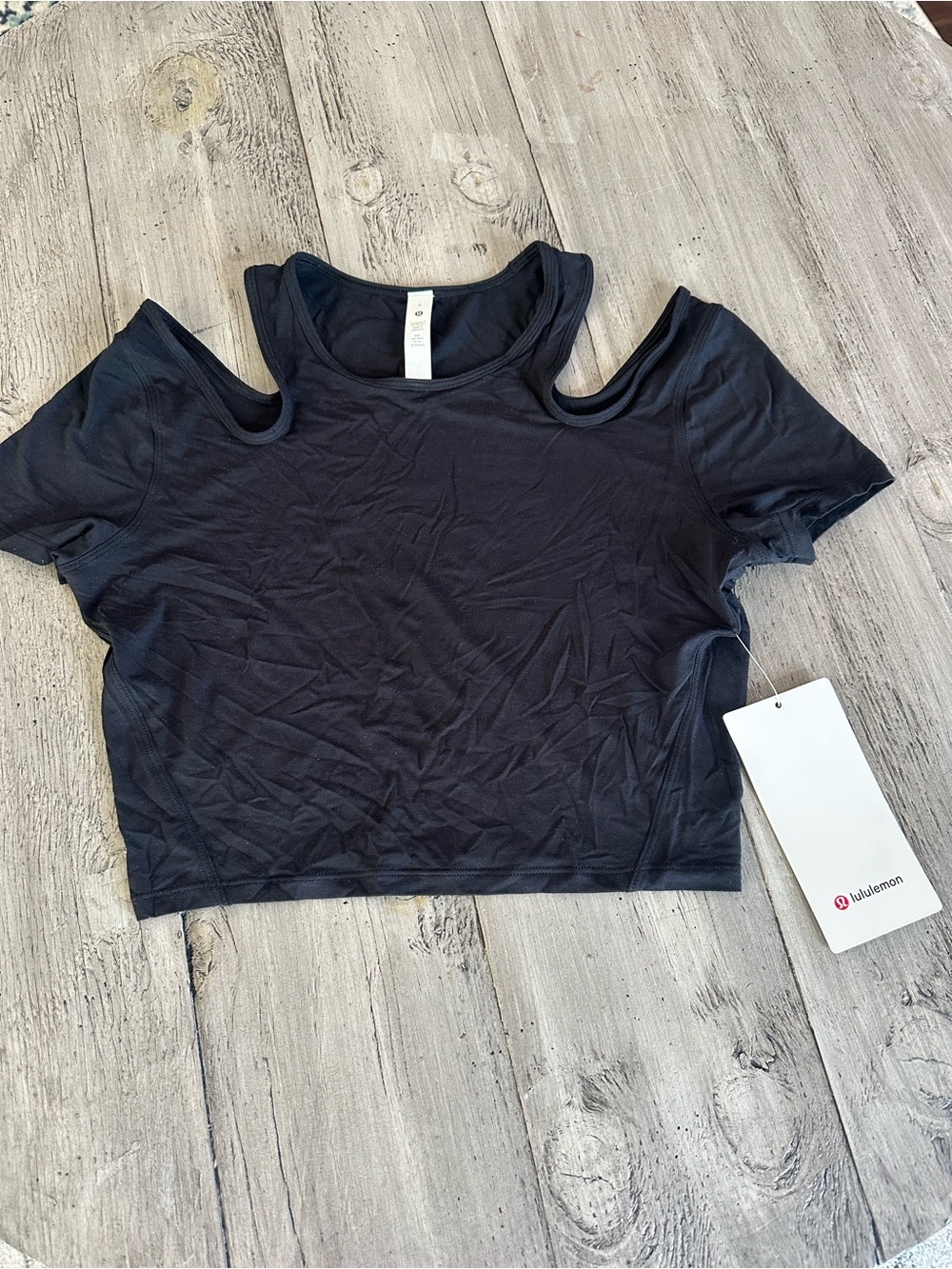 lululemon athletica Black Shoulder Cut Out Cropped Yoga Tee